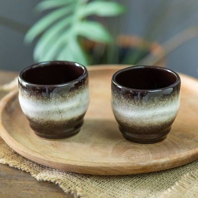 Alternate image for Set of 2 Handcrafted Brown and White Ceramic Cups from Bali Serene Flavors