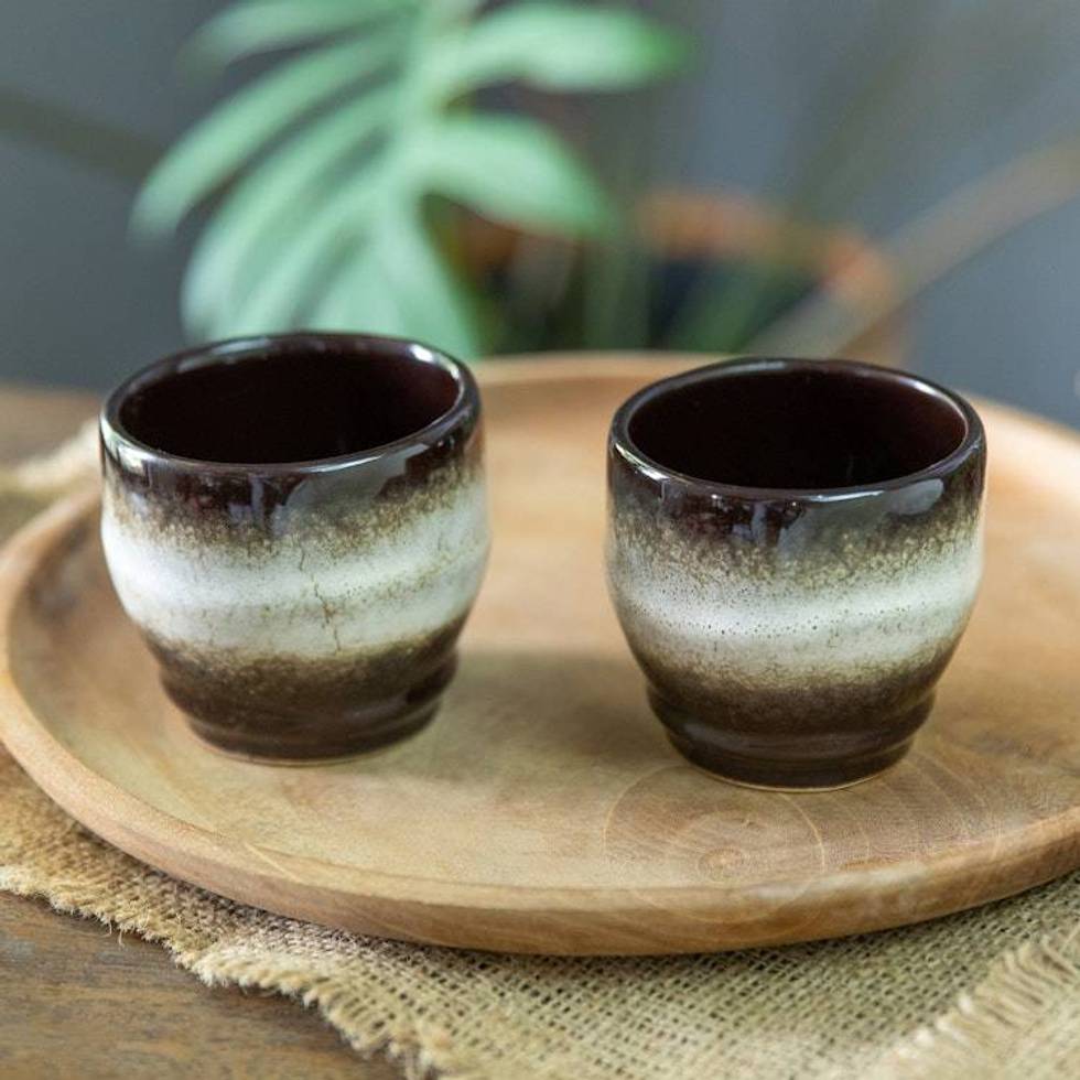 Set of 2 Handcrafted Brown and White Ceramic Cups from Bali 'Serene Flavors'