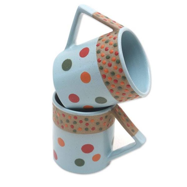 Alternate image for Javanese Ceramic Mugs Pair Rainbow Dots