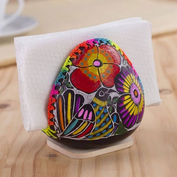Alternate image for Colorful Bird and Flowers Hand Painted Gourd Napkin Holder Birdsong Bloom