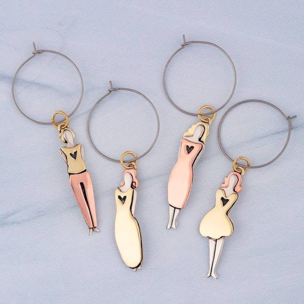 Set of 4 Mixed Metal Sisterhood Wine Charms 'Sisterhood'