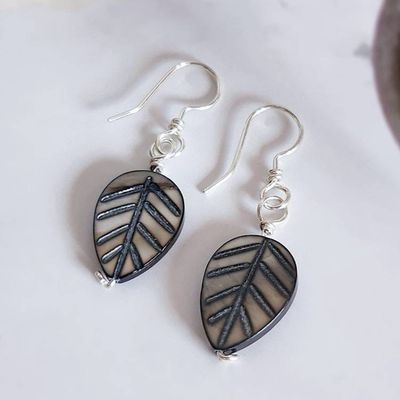 Primary image for Black Mother of Pearl Sterling Silver Leaf Earrings