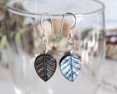 Alternate image for Black Mother of Pearl Sterling Silver Leaf Earrings