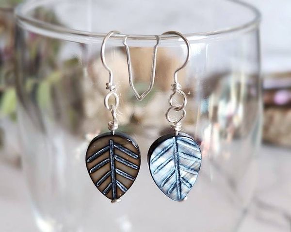 Alternate image for Black Mother of Pearl Sterling Silver Leaf Earrings