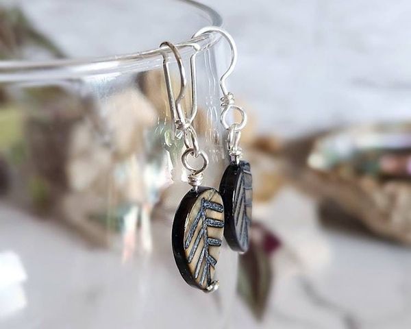 Alternate image for Black Mother of Pearl Sterling Silver Leaf Earrings