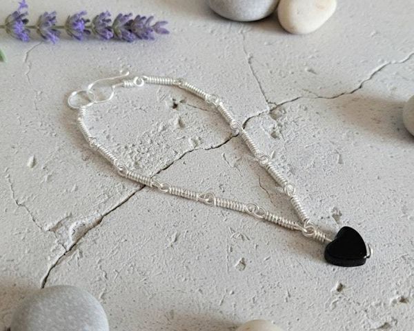 Alternate image for Onyx Sterling Silver Bracelet, Moon or Heart Charm