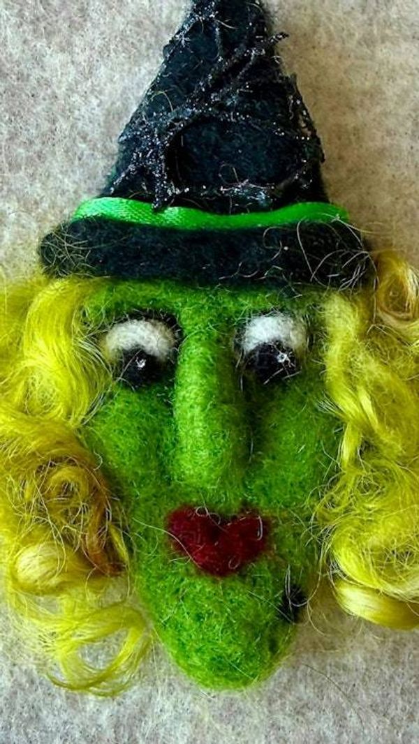 Alternate image for Handmade Needle Felted Witch Brooch – Whimsical Halloween Pin – Folk Art Wool Witch - Lulu Lemon-curl