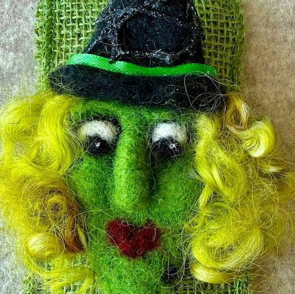 Alternate image for Handmade Needle Felted Witch Brooch – Whimsical Halloween Pin – Folk Art Wool Witch - Lulu Lemon-curl