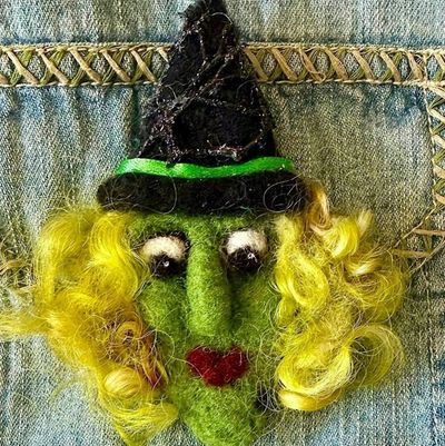 Alternate image for Handmade Needle Felted Witch Brooch – Whimsical Halloween Pin – Folk Art Wool Witch - Lulu Lemon-curl