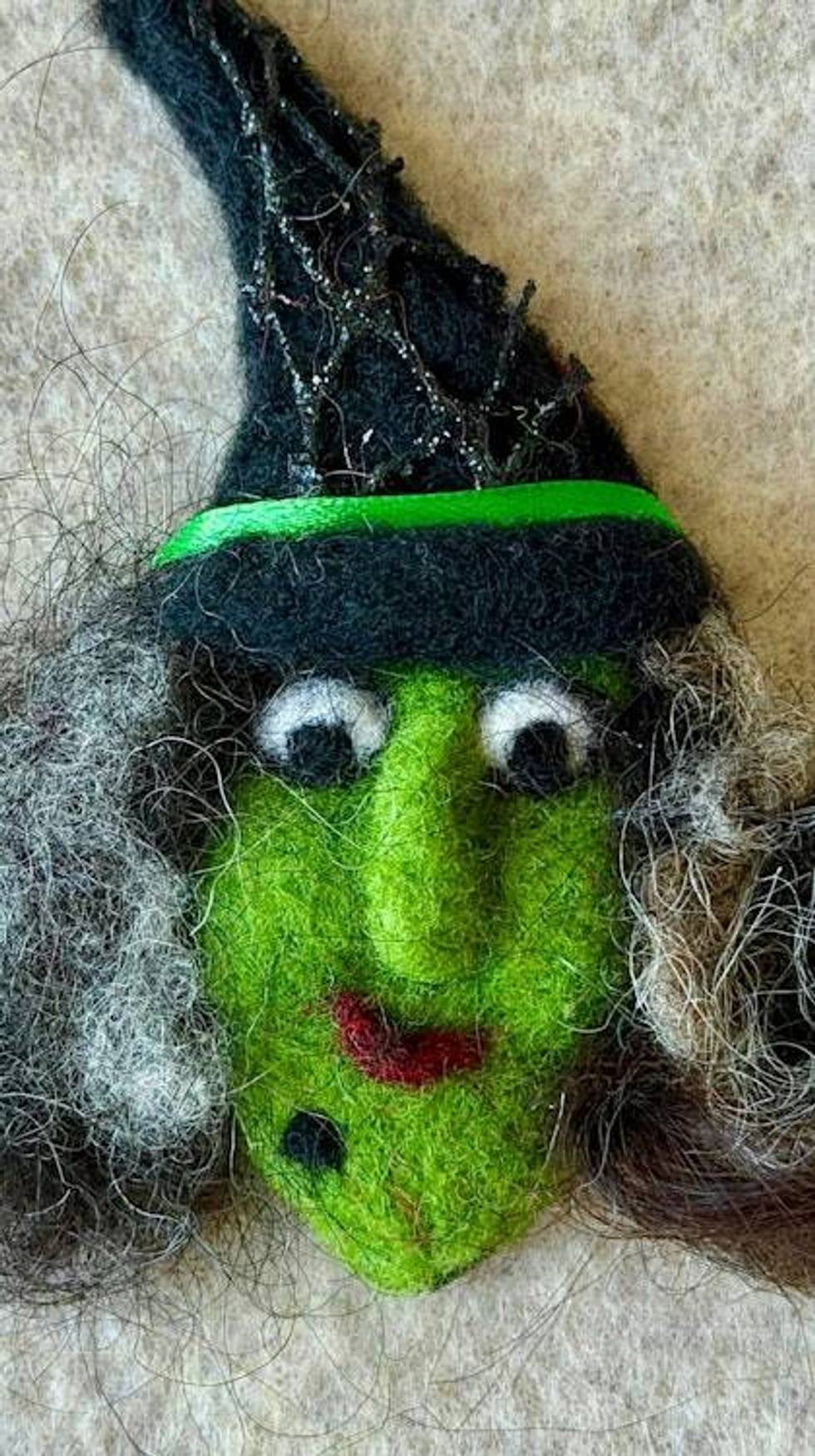Handmade Needle Felted Witch Brooch – Whimsical Halloween Pin – Folk Art Wool Witch - Myrtle Moonbeam