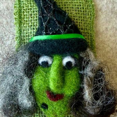 Alternate image for Handmade Needle Felted Witch Brooch – Whimsical Halloween Pin – Folk Art Wool Witch - Myrtle Moonbeam