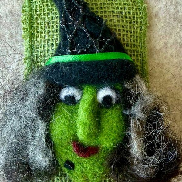 Alternate image for Handmade Needle Felted Witch Brooch – Whimsical Halloween Pin – Folk Art Wool Witch - Myrtle Moonbeam