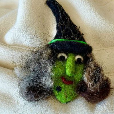 Alternate image for Handmade Needle Felted Witch Brooch – Whimsical Halloween Pin – Folk Art Wool Witch - Myrtle Moonbeam