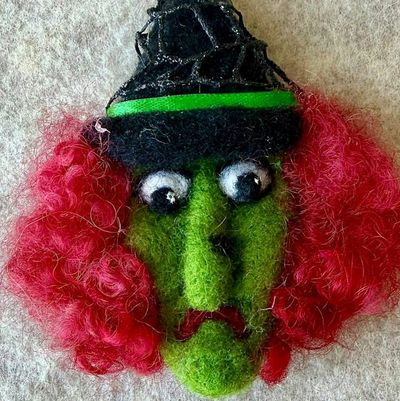 Main image for Handmade Needle Felted Witch Brooch – Whimsical Halloween Pin – Folk Art Wool Witch - Ruby Rumble