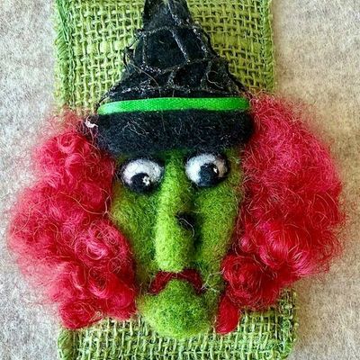 Alternate image for Handmade Needle Felted Witch Brooch – Whimsical Halloween Pin – Folk Art Wool Witch - Ruby Rumble