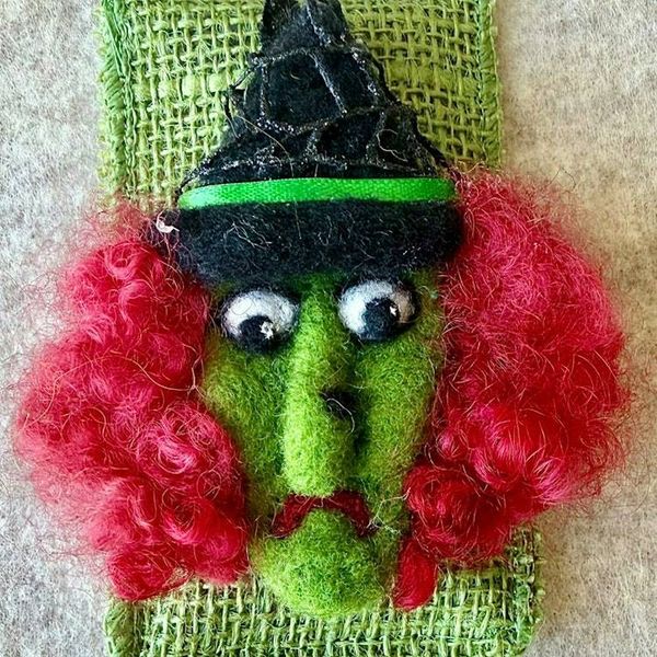 Alternate image for Handmade Needle Felted Witch Brooch – Whimsical Halloween Pin – Folk Art Wool Witch - Ruby Rumble