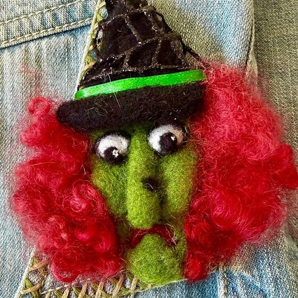 Alternate image for Handmade Needle Felted Witch Brooch – Whimsical Halloween Pin – Folk Art Wool Witch - Ruby Rumble