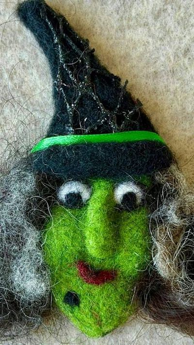Main image for Handmade Needle Felted Witch Brooch – Whimsical Halloween Pin – Folk Art Wool Witch - Agatha Tanglehair