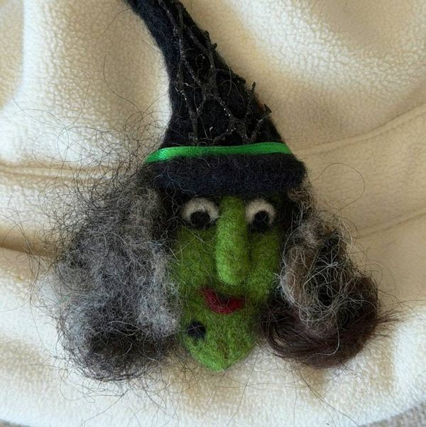 Alternate image for Handmade Needle Felted Witch Brooch – Whimsical Halloween Pin – Folk Art Wool Witch - Agatha Tanglehair
