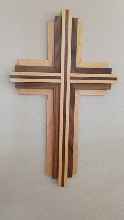 Alternate image for Handcrafted Modern Wooden Cross | 15 Tall x 9 Wide | Maple & Walnut Layered Wall Art | Christian Home Decor