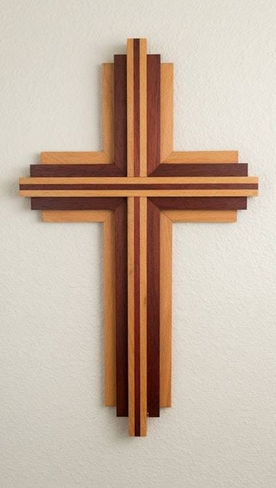 Alternate image for Handmade Layered Beech & Padauk Wooden Wall Cross | 15 Tall Modern Christian Home Decor