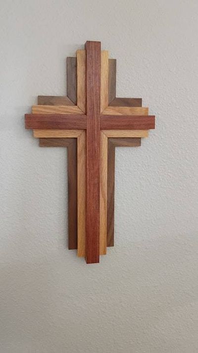 Alternate image for Handcrafted Modern Wooden Cross | 12 Tall x 7 Wide | Bubinga, Oak & Walnut Layered Wall Art | Christian Home Decor