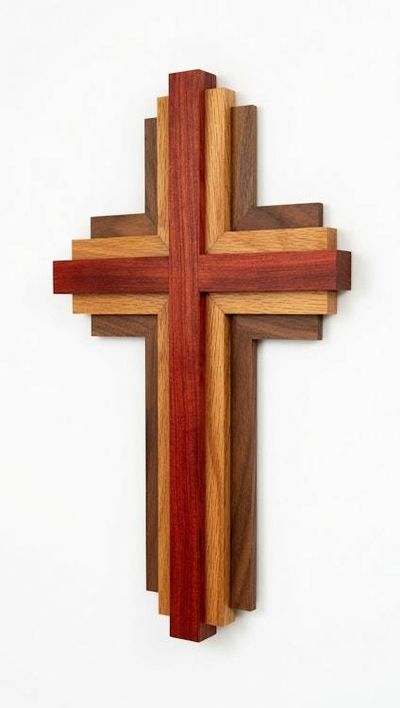Alternate image for Handcrafted Modern Wooden Cross | 12 Tall x 7 Wide | Bubinga, Oak & Walnut Layered Wall Art | Christian Home Decor
