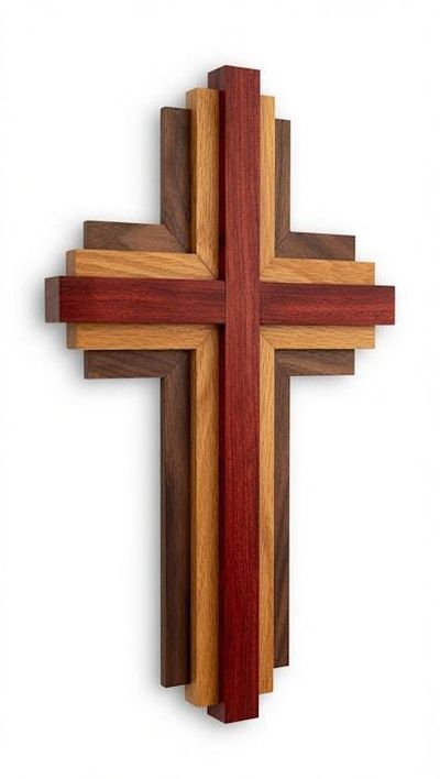 Alternate image for Handcrafted Modern Wooden Cross | 12 Tall x 7 Wide | Bubinga, Oak & Walnut Layered Wall Art | Christian Home Decor