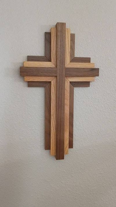 Alternate image for Handcrafted Modern Wooden Cross Wall Art | 12 Tall x 7 Wide | Walnut & Oak Layered | Christian Home Decor, Religious Gift