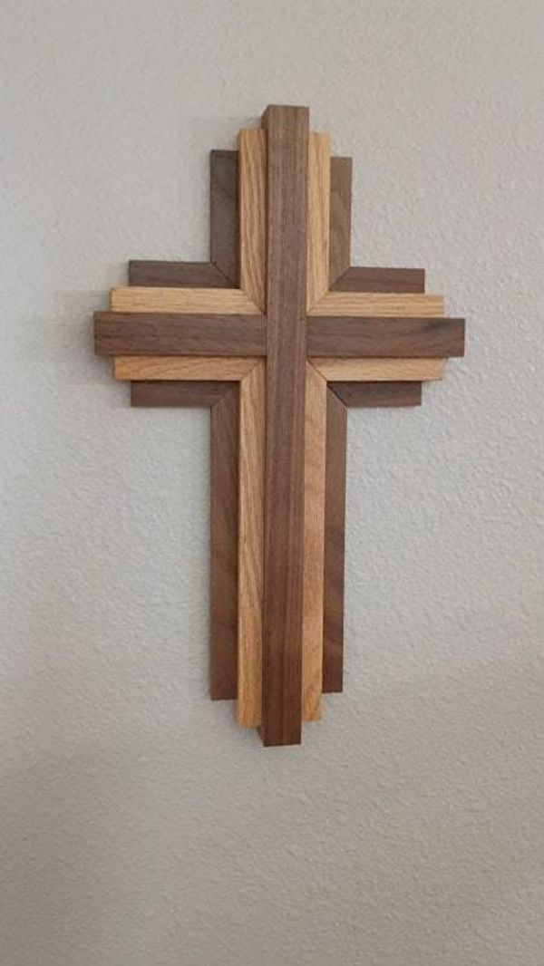 Alternate image for Handcrafted Modern Wooden Cross Wall Art | 12 Tall x 7 Wide | Walnut & Oak Layered | Christian Home Decor, Religious Gift