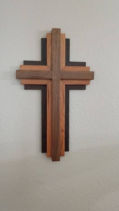 Alternate image for Handcrafted Modern Wooden Cross | 12 Tall x 7 Wide | Walnut, Cherry & Wenge Layered Wall Art | Christian Home Decor
