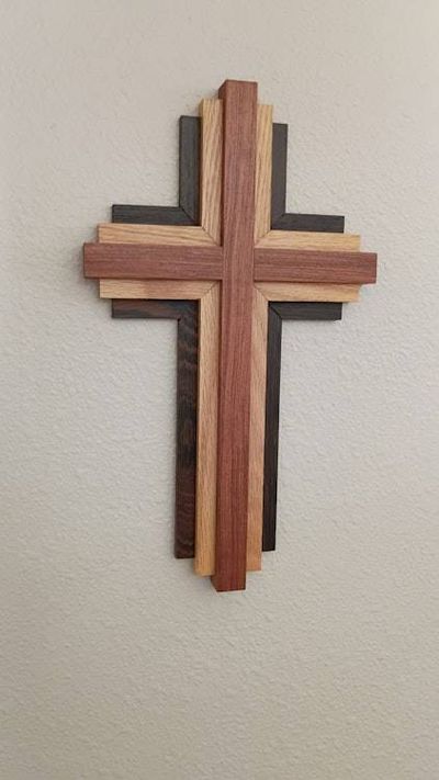 Alternate image for Handcrafted Modern Wooden Cross Wall Art | 12 Tall x 7 Wide | Layered Bubinga, Oak & Wenge | Christian Home Decor