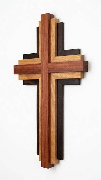 Alternate image for Handcrafted Modern Wooden Cross Wall Art | 12 Tall x 7 Wide | Layered Bubinga, Oak & Wenge | Christian Home Decor
