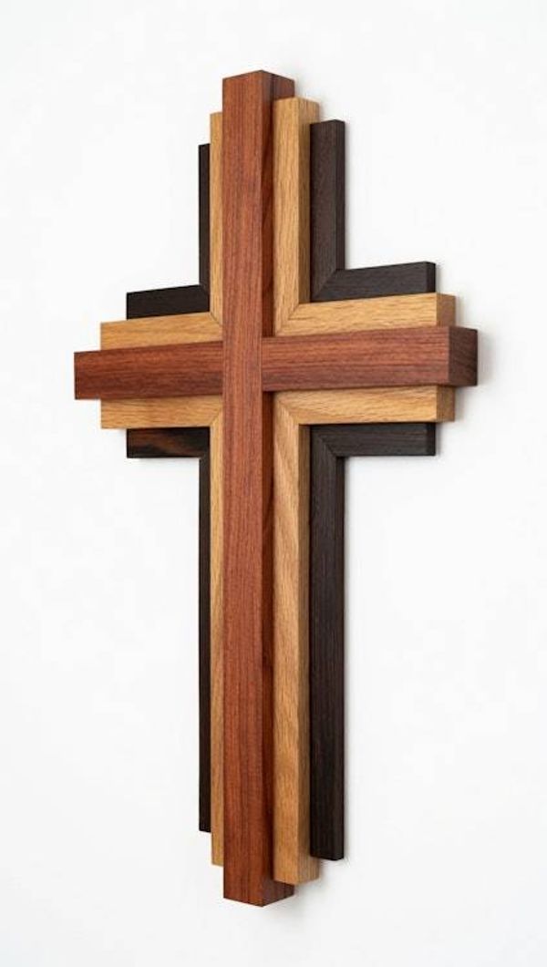 Alternate image for Handcrafted Modern Wooden Cross Wall Art | 12 Tall x 7 Wide | Layered Bubinga, Oak & Wenge | Christian Home Decor