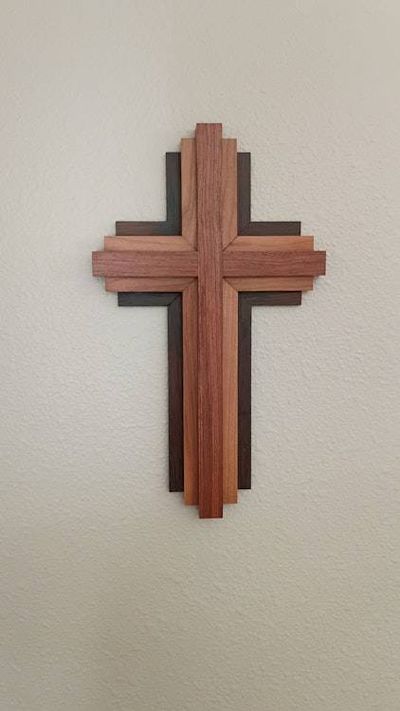 Alternate image for Handcrafted Modern Wooden Cross Wall Art | 12 Tall x 7 Wide | Layered Bubinga, Cherry & Wenge | Christian Home Decor