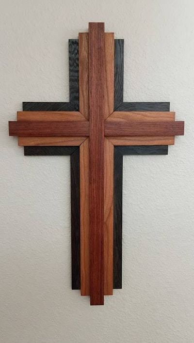 Alternate image for Handcrafted Layered Wooden Wall Cross | Multi-Tone Hardwood Modern Christian Art | 3D Contemporary Religious Home Decor