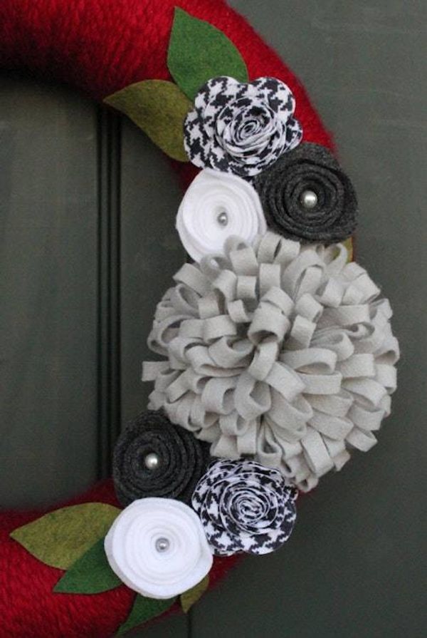 Alternate image for Handcrafted Modern Red Yarn-Wrapped Wreath with Felt Flowers
