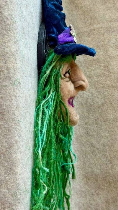 Alternate image for Handmade Needle Felted Witch Wall Hanging – Whimsical Folk Art Halloween Decor – Mixed Media Witch Face