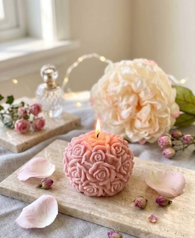 Alternate image for Hand-Carved Rose Ball Decorative Candle - Ivory White Floral Sphere