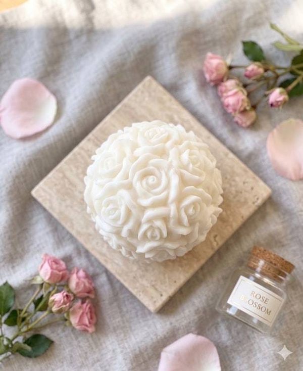 Alternate image for Hand-Carved Rose Ball Decorative Candle - Ivory White Floral Sphere