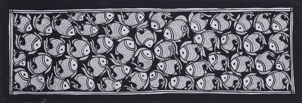 Alternate image for Madhubani Fish Painting in Black and White from India Fish Harmony II