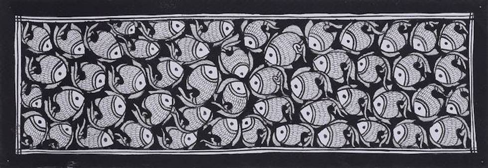 Madhubani Fish Painting in Black and White from India 'Fish Harmony II'