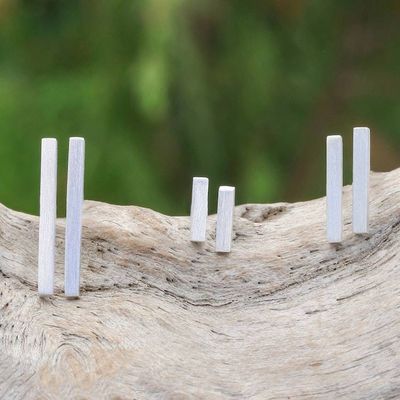 Alternate image for Modern Brushed-Satin Sterling Silver Bar Earrings Minimalist Glam