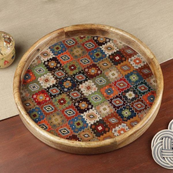 Alternate image for Handmade Mango Wood Tray with Resin-Coated Mandala Pattern Mosaic of Mirages