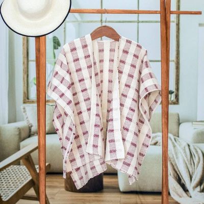 Primary image for Hand-woven Red and White Ruana Made with 100 Cotton Rustic in Red