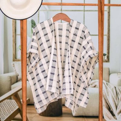 Alternate image for Hand-woven Black and White Ruana Made with 100 Cotton Rustic in Black