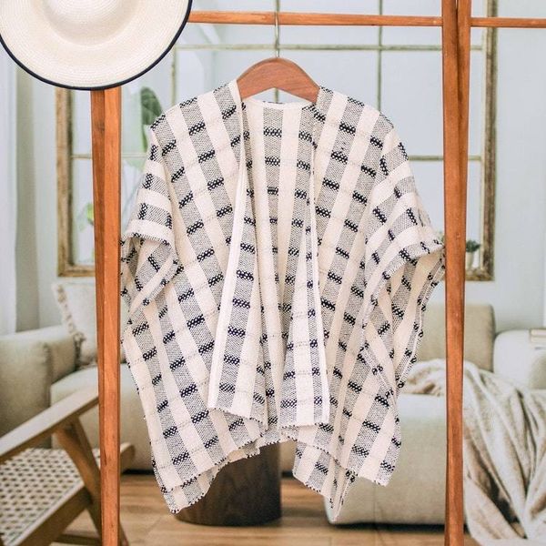 Alternate image for Hand-woven Black and White Ruana Made with 100 Cotton Rustic in Black