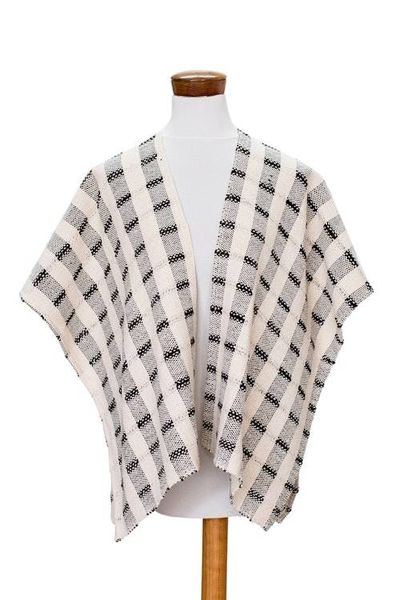 Alternate image for Hand-woven Black and White Ruana Made with 100 Cotton Rustic in Black