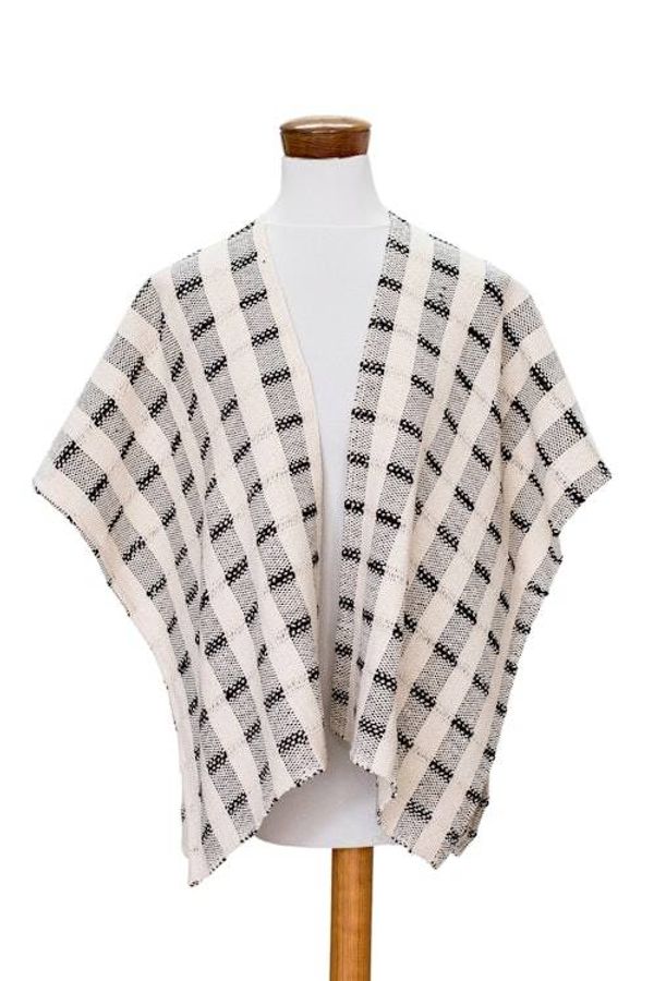 Alternate image for Hand-woven Black and White Ruana Made with 100 Cotton Rustic in Black