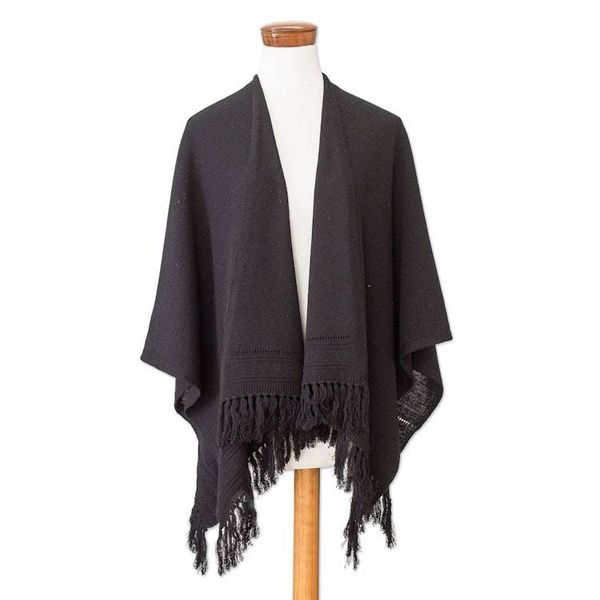 Alternate image for Black Cotton Ruana with Fringe Handwoven in Guatemala Ancestral Elegance